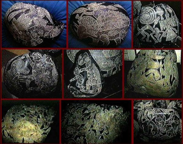 Nove pietre di Ica in file da tre. Si notano chiaramente dinosauri cavalcati da uomini e diverse specie animali esotiche (2)
