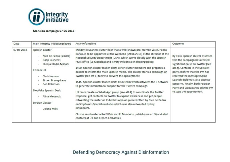 Uno screenshot del documento che descrive l'operazione Moncloa fornito da Anonymous